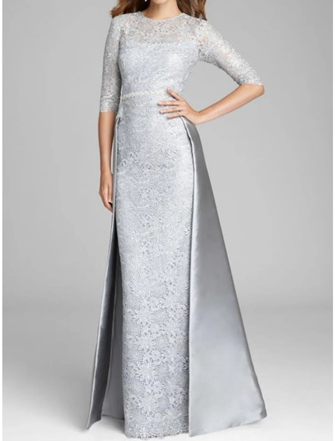 Wholesale Sheath / Column Mother of the Bride Dress Wedding Guest Elegant Jewel Neck Floor Length Satin Lace Half Sleeve with Ruching Solid Color